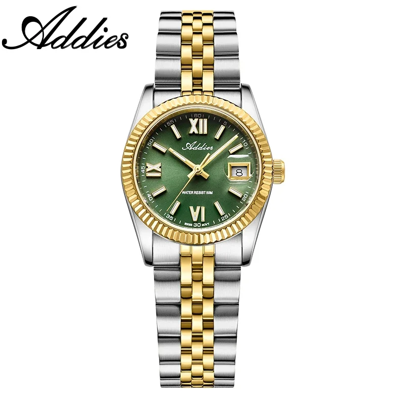Relógio Feminino (em Aço Verde-dourado) Com Cristal De Safira, Luminoso E Resistente À Água Até 5 Bar.