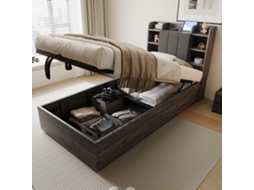 Sofá cama 90x200cm em madeira maciça, com gavetas, Usb, tomada, led, resistente 120kg, cinza KOMHTOM