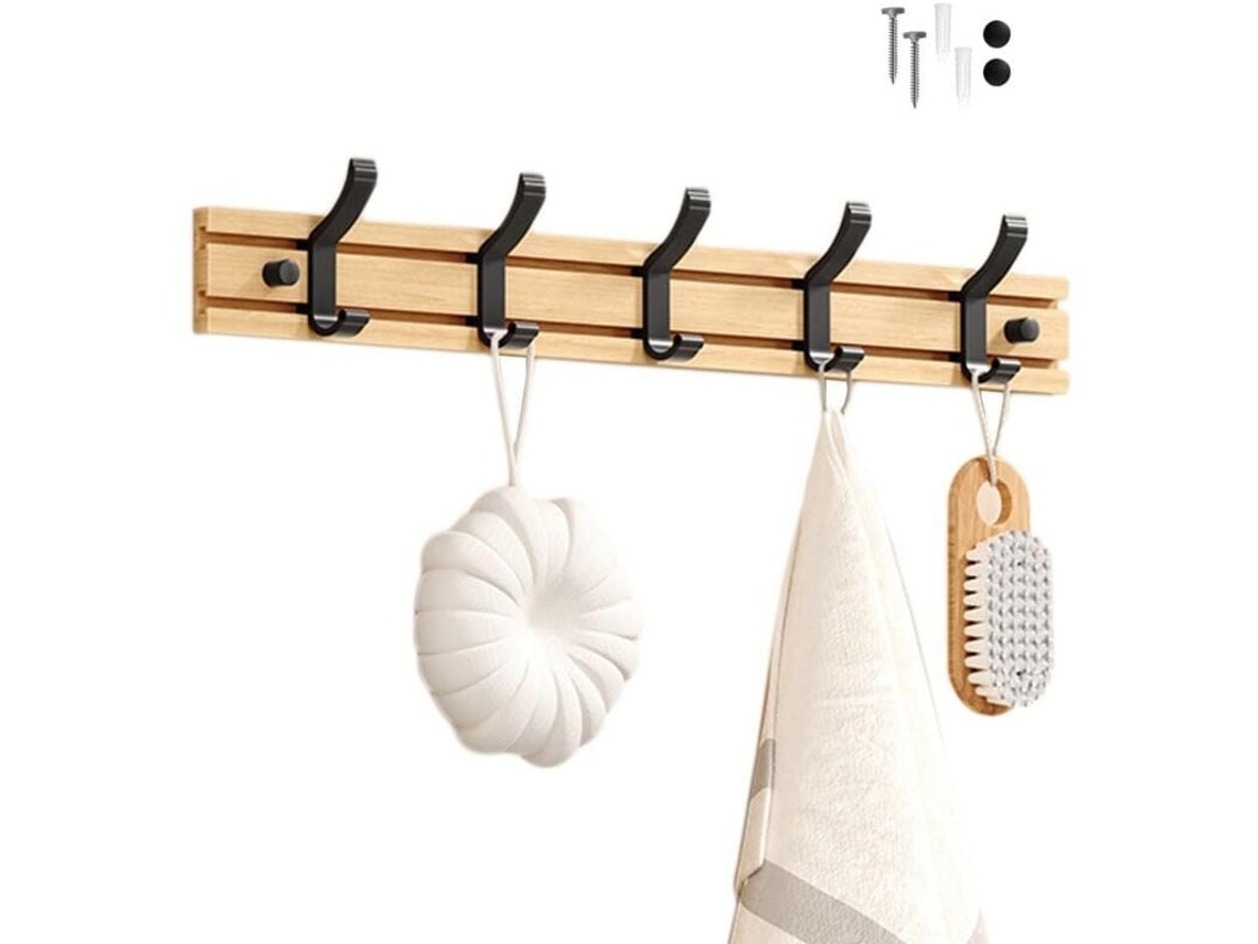 Cabideiro de Parede em Bambu, com 5 Ganchos para Pendurar Roupas, Roupões, Toalhas e Casacos, Ideal para Corredor, Quarto e Banheiro(preto BRILVIBERA