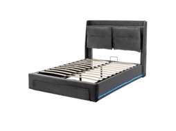 Cama De Casal Estofada 140x190 Cinza Led Hidráulico Gavetas 2em1 Fitas Luminosas Sem Colchão Ziwei Store