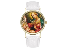 Relógio de pulso unissex de quartzo com pulseira de PU e mostrador redondo com padrão de figuras (branco)