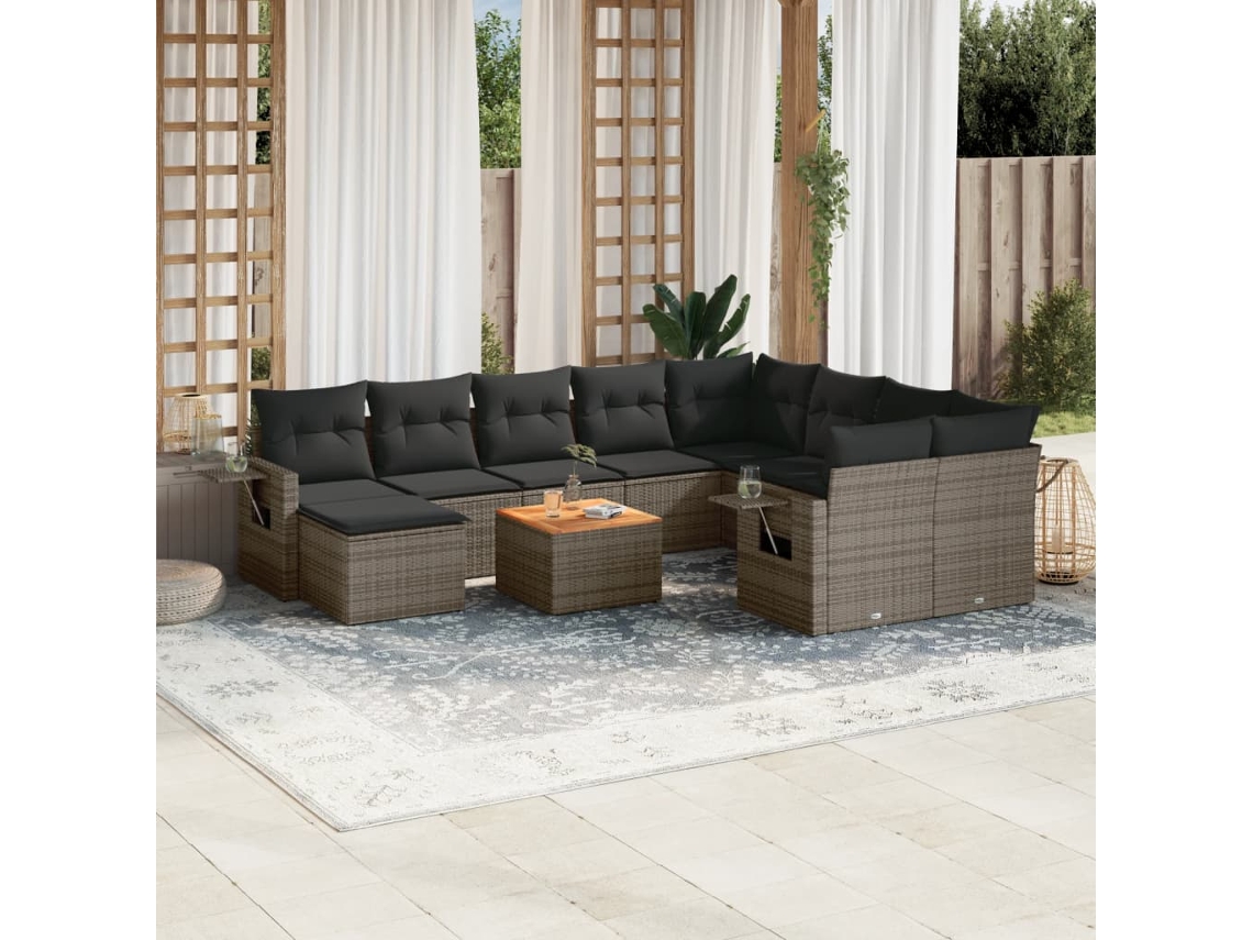 Vidaxl 11 Pcs Conjunto Sofás De Jardim C/ Almofadões Vime Pe Cinzento