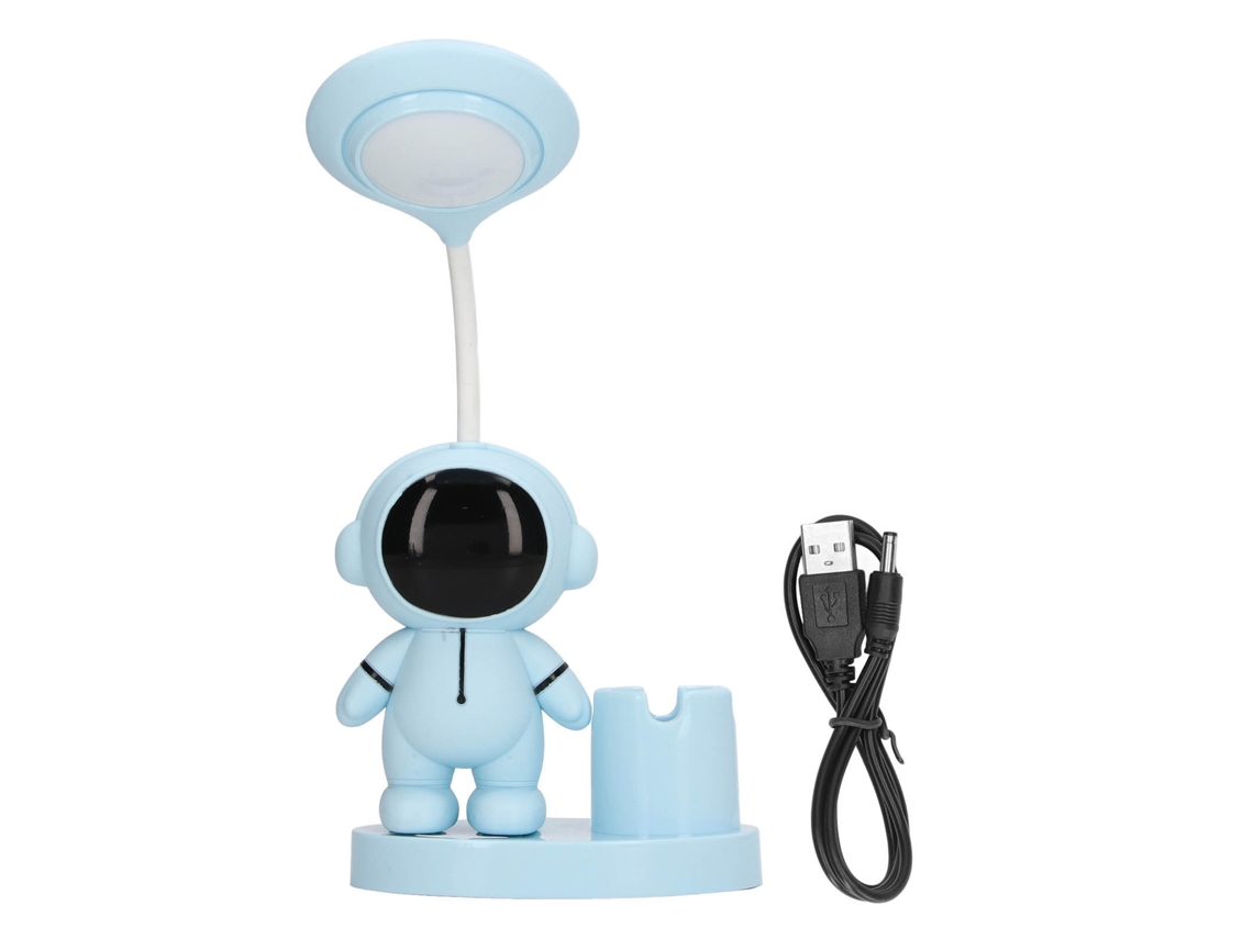 Lâmpada De Mesa Pequena Astronauta Cute Recarregável Com Porta-canetas E Afiador Para Dormitório Azul