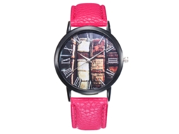 Relógio de quartzo unissex com pulseira de couro sintético, mostrador redondo, modelo T431 (vermelho e rosa).