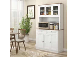 Armário De Cozinha Branco 100x40x180 Cm, 3 Portas De Vidro, 2 Gavetas, Prateleiras Ajustáveis E Compartimento Aberto