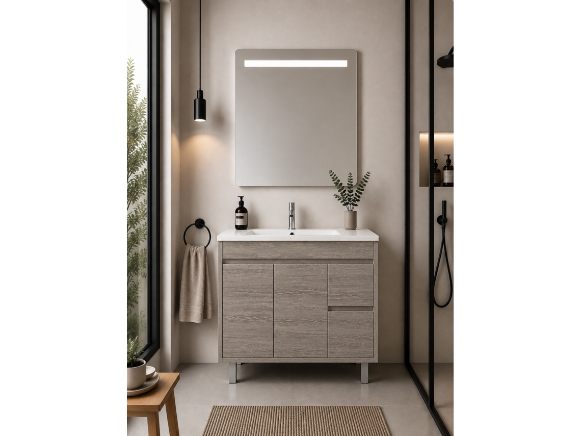Móvel De Casa De Banho Com Lavatório Origenbath Isquia Sem Espelho 80x40 Cm Carvalho Smoky