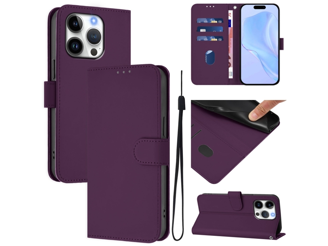 Capa De Couro Sintético Para Iphone 16 Pro - Toque Suave - Cor Sólida - Com Cordão