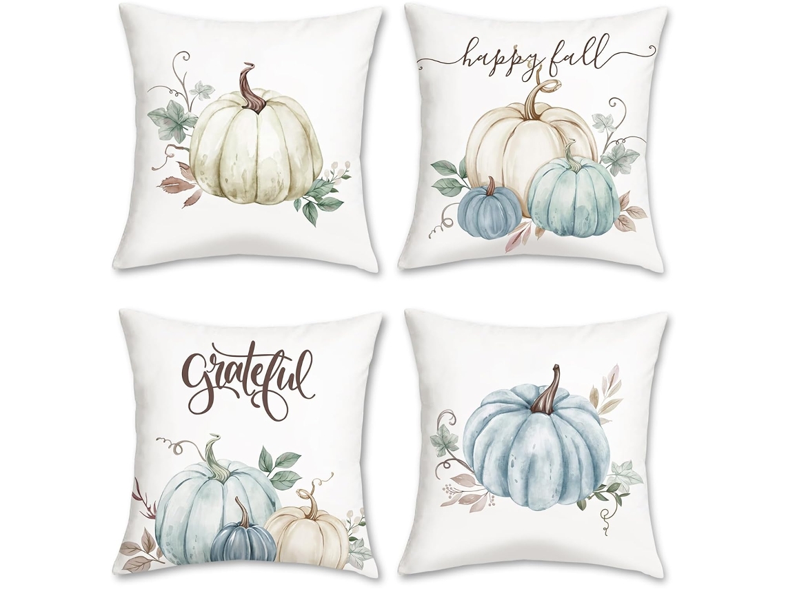 Conjunto de 4 Capas de Almofada Composições Aquareladas de Outono com Abóbora e Folhas NEVEANCE