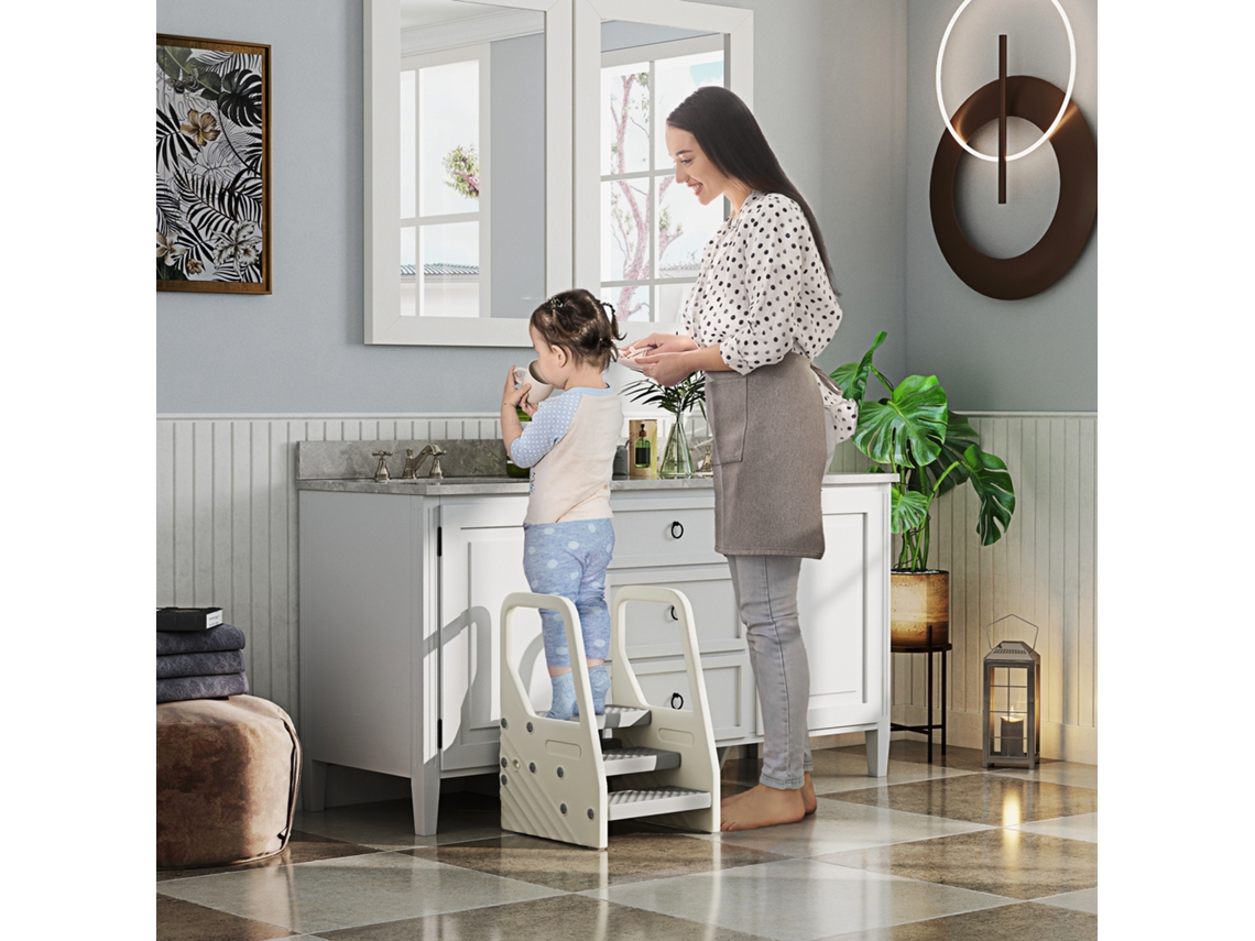 Banco Infantil Ajustável De 2 A 3 Degraus Torre De Aprendizagem Escada Para Crianças De 2-5 Anos 43x42x65,5 Cm Cinza