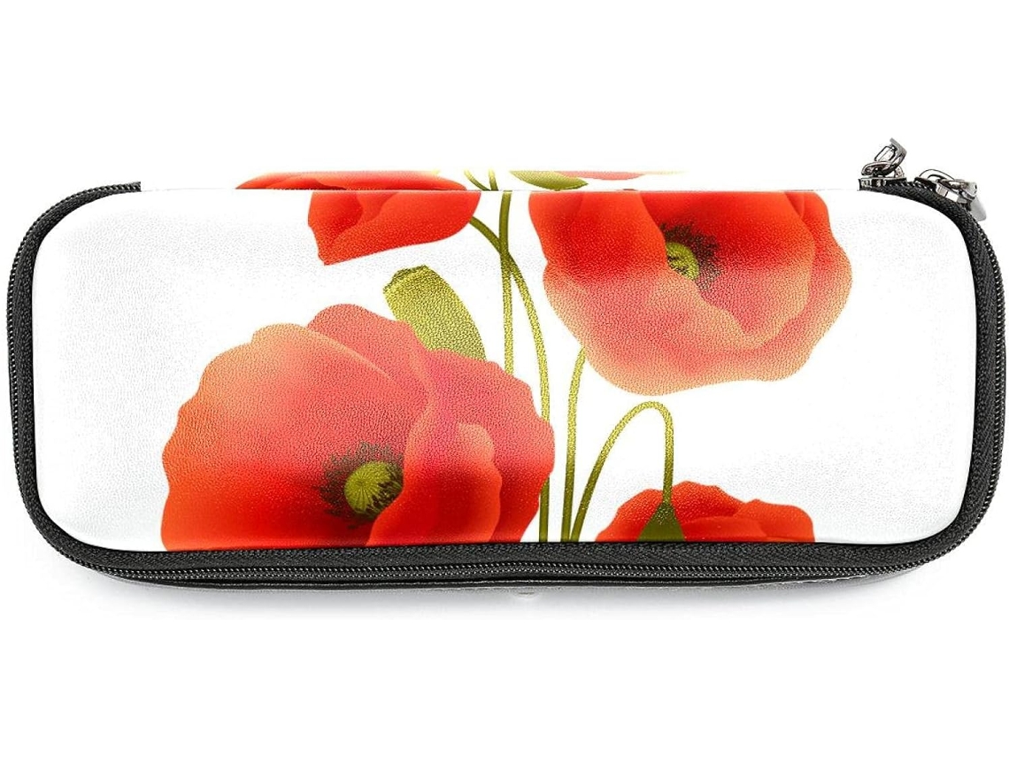 Caixa organizadora grande com estampa de papoula vermelha, ideal para guardar canetinhas, perfeita para mochilas escolares e outros itens essenciais.