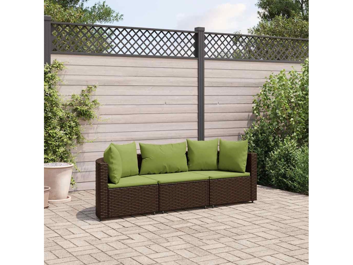 Vidaxl 3 Pcs Conjunto Sofás De Jardim Com Almofadões Vime Pe Castanho
