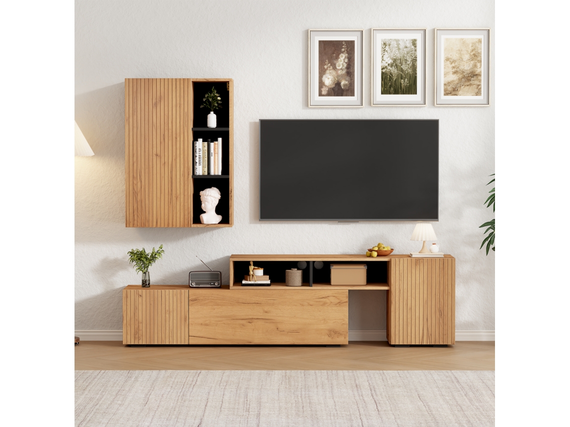 Conjunto De Parede Para Tv Ajustável Até 265 Cm, Carvalho E Preto, Móvel, Vitrine E Prateleira, Até 120 Polegadas