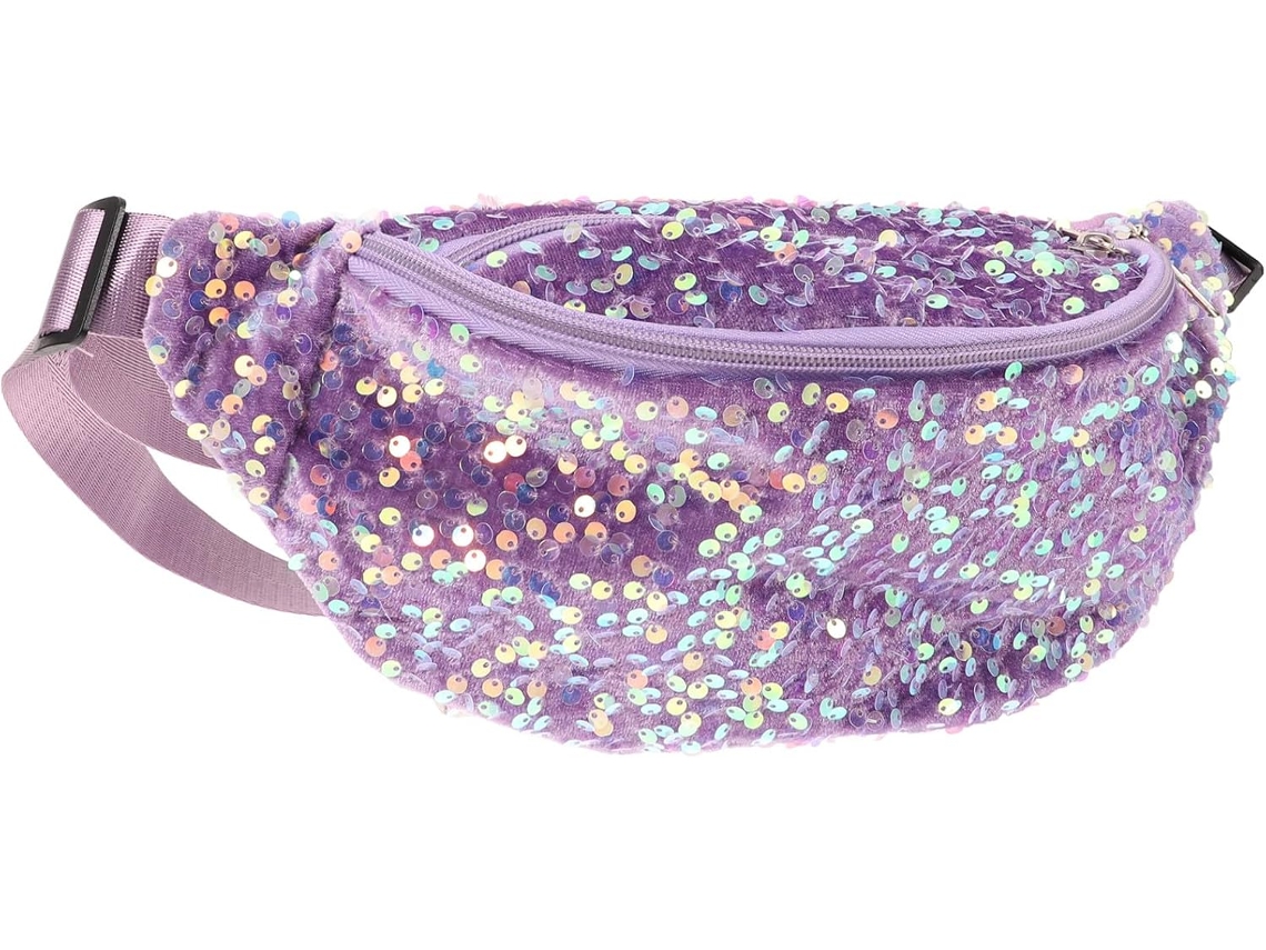 Bolsa Transversal Feminina Roxa Com Lantejoulas, Compartimento Para Celular Com Zíper E Alça.
