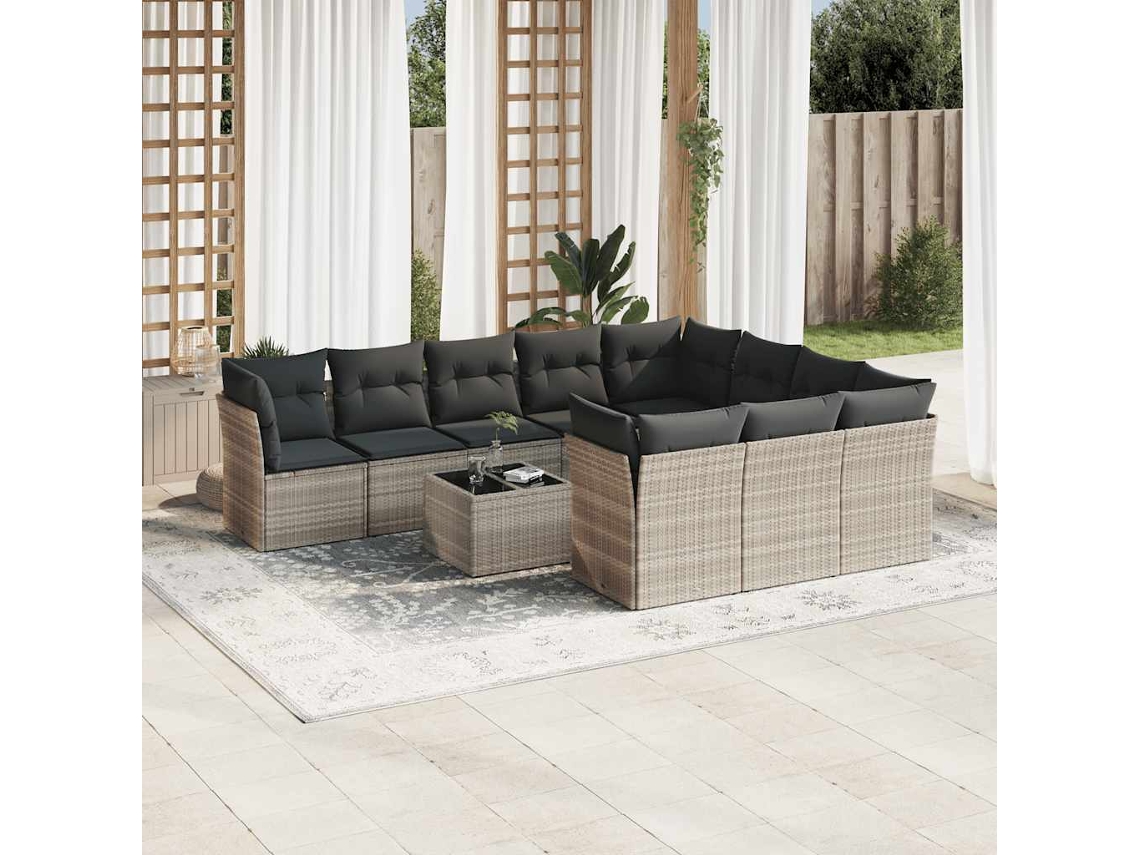 Vidaxl 11 Pcs Conjunto Sofás De Jardim C/ Almofadões Vime Pe Cinzento