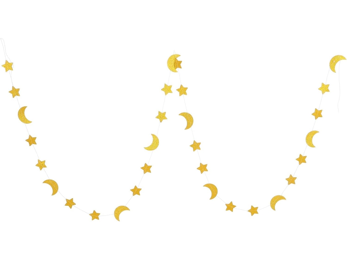 Guirlanda De Estrelas E Lua Dourada Com Brilho Para Decoração De Casa