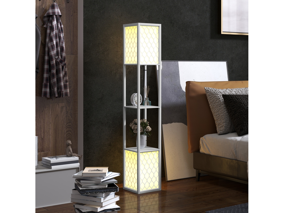 Candeeiro De Pé De Madeira Com Estantes Lâmpada E27 Máx. 40w Com Interruptor 26x26x156 Cm Branco