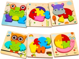 Quebra Cabeça Montessori De Madeira Com Animais, Brinquedo Educativo Infantil Com 6 Animais. Gertiz