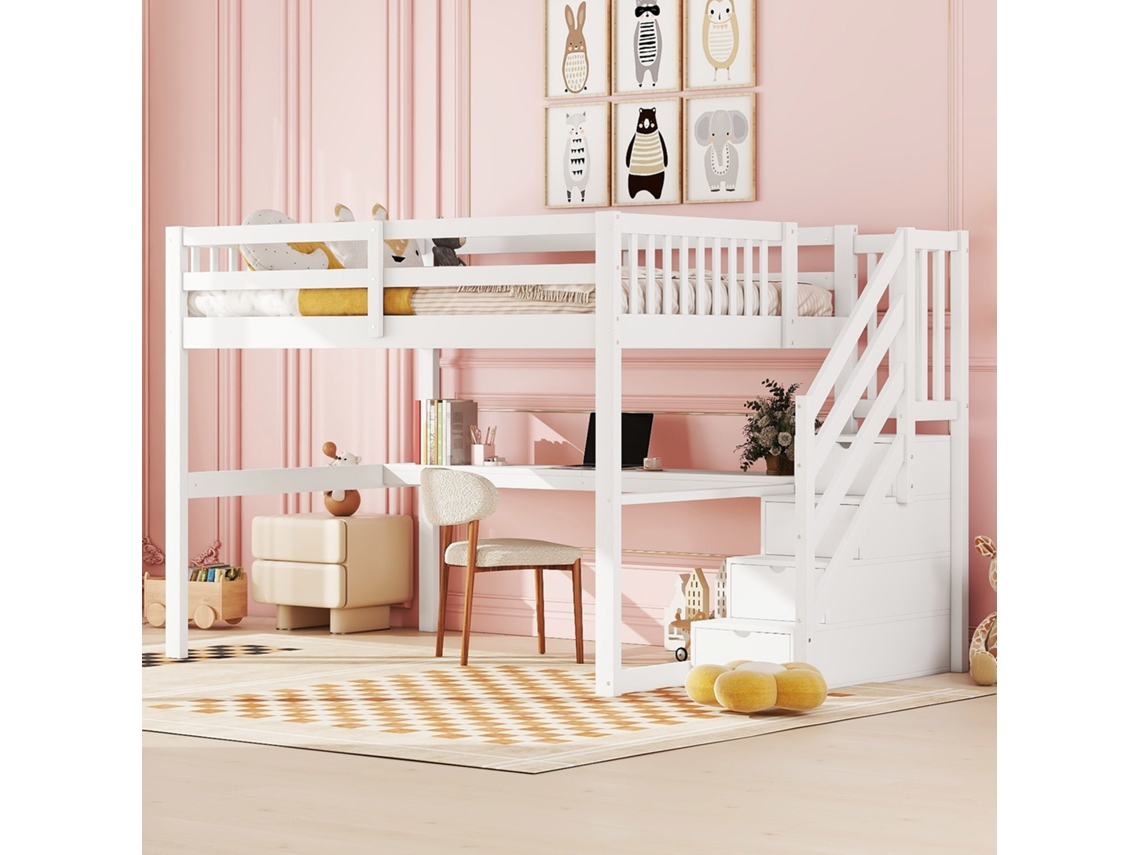 Cama Alta Infantil 140x200cm Branca Com Gavetas E Mesa De Estudo