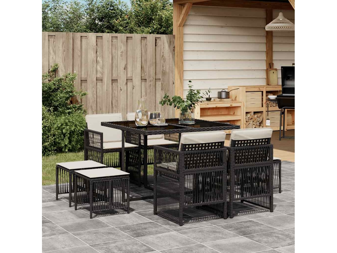 Vidaxl 9 Pcs Conjunto de Jantar P/ Jardim C/ Almofadões Vime Pe Preto