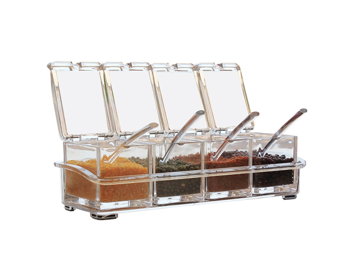 Conjunto de Potinhos de Tempero Transparente com 4 Colheres para Cozinha Armazenamento de Especiarias