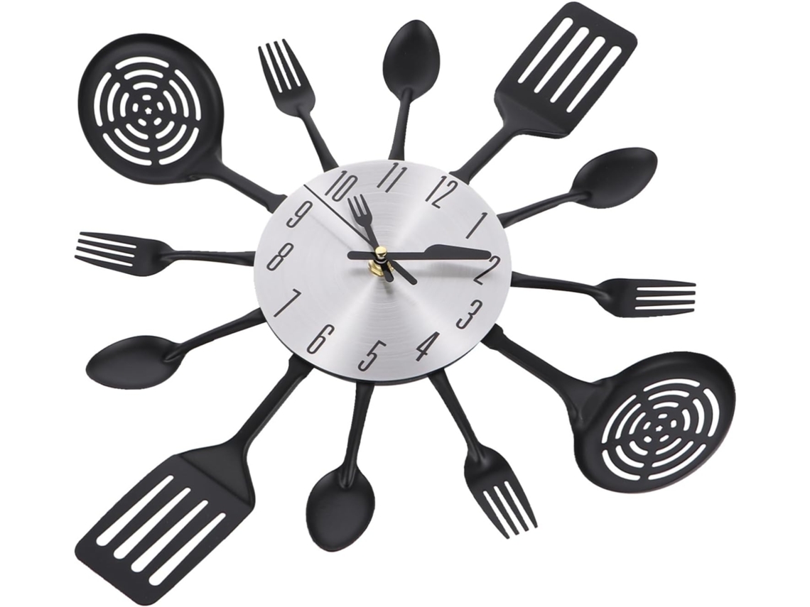 Relógio De Parede Com Porta Talheres, Moderno E Silencioso, Preto Com Mostrador Prateado, Decoração De Parede. Gokoco