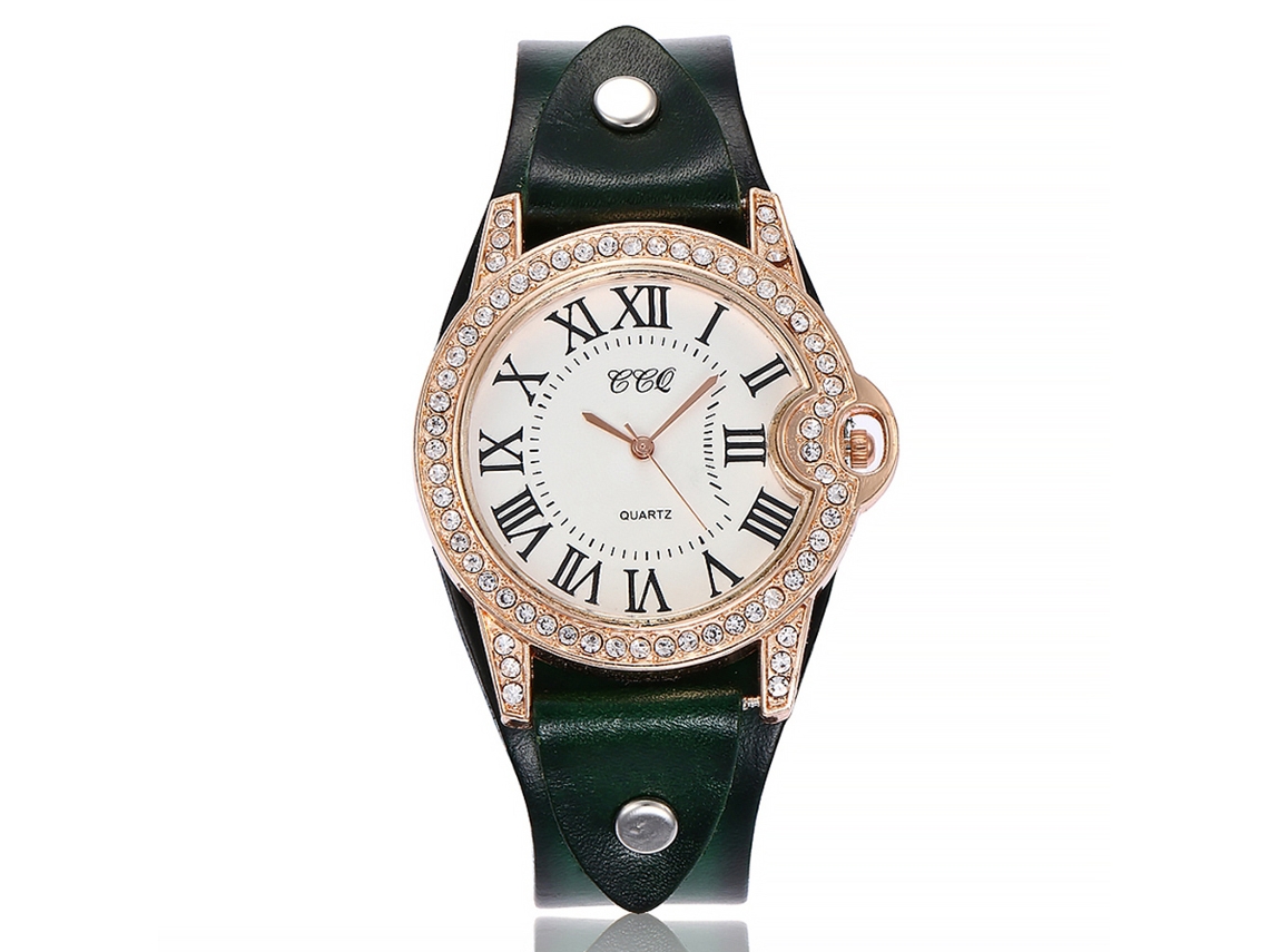 Relógio de Pulso Feminino de Quartzo com Pulseira de Couro Pu Estilo Fashion com Strass e Números Romanos (verde)
