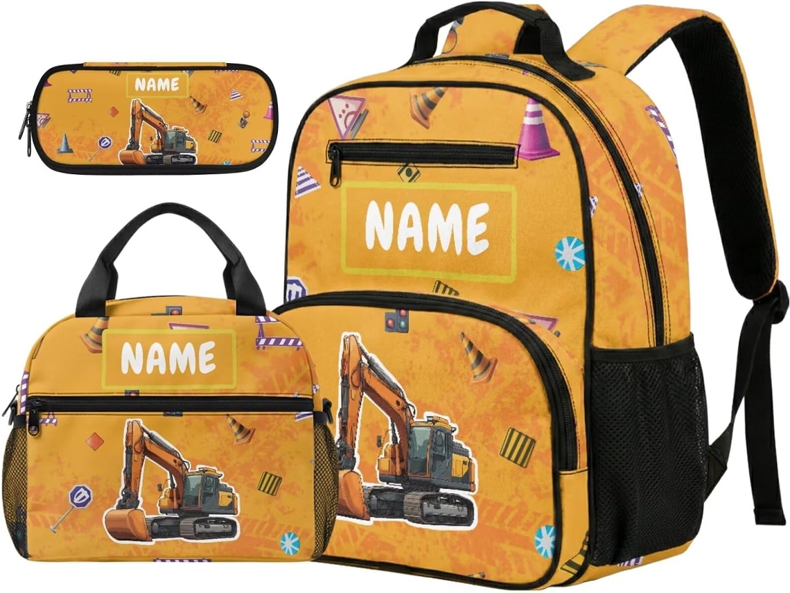 Conjunto 3 Mochilas Para Meninos 5 Anos Uma Lancheira Pré-escola, Com Nome Personalizável, Modelo Escavadeira