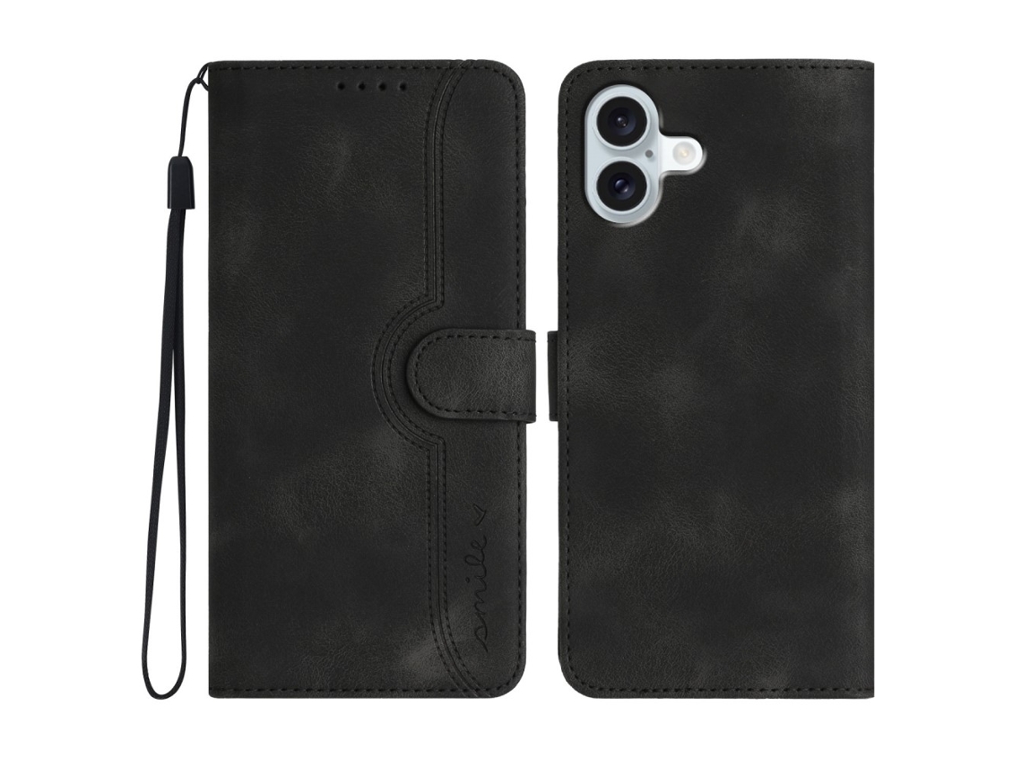 Capa Em Couro Pu, Com Suporte, Para Apple Iphone 16 Plus - Preto