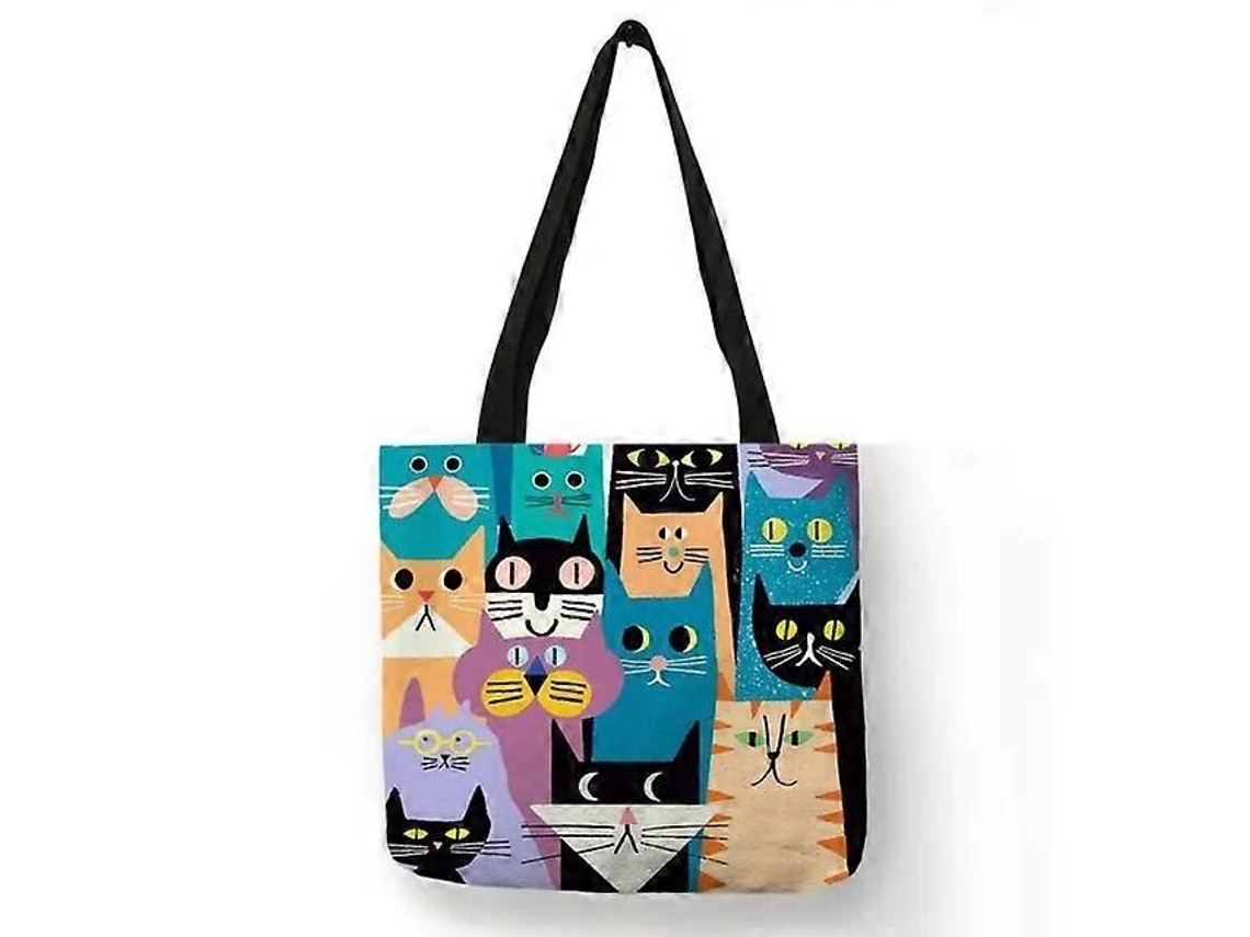 Bolsa de Compras Feminina com Estampa Floral Gatinho Desenho Animado, Ombro em Tecido Linho, Ec Ológica, Reutilizável e do GOKOCO