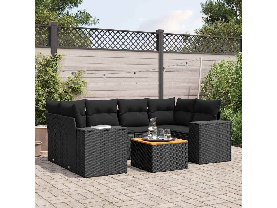 Vidaxl 7 Pcs Conjunto de Sofás P/ Jardim C/ Almofadões Vime Pe Preto