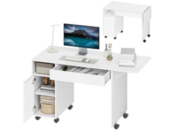 Mesa De Computador Com Rodas, Mesa Rebatível Com Armário E Gaveta, Aglomerado, Branca.