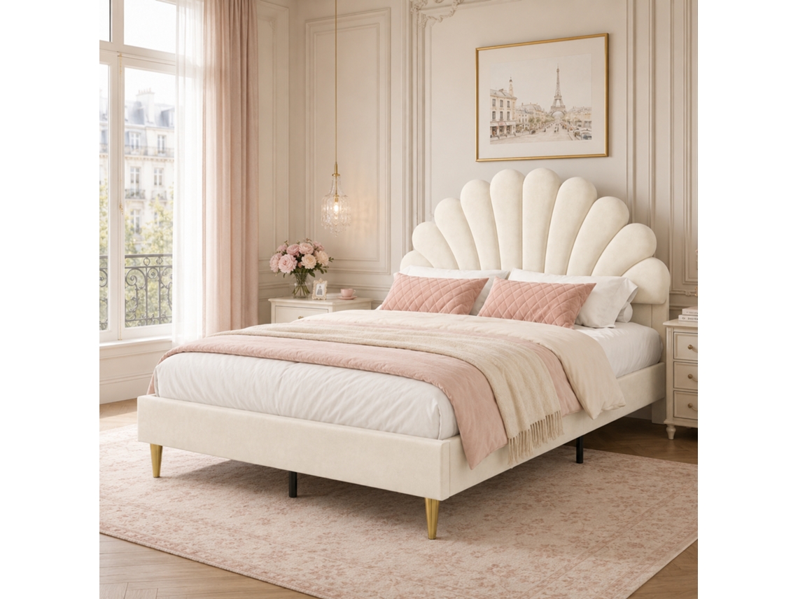 Cama Com Cabeceira, Cama Acolchoada 140x200, Cama Infantil Em Forma De Flor, Para Adolescentes E Adultos, Sem Colchão, Veludo Branco Quebrado