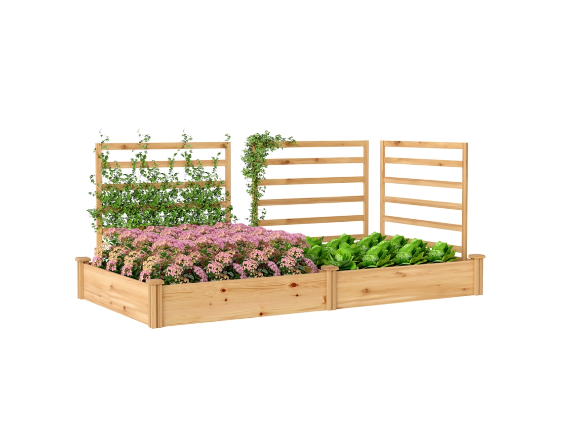 Canteiro Elevado Com Grelha De Trepadeiras Madeira Floreira Com 3 Paredes De Treliça Divisória Base Aberta 240 X 125 X 102 Cm Madeira Natural