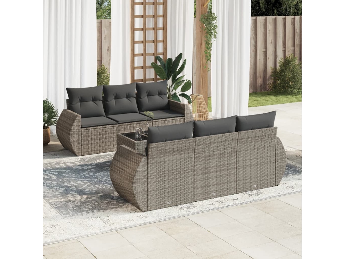 Vidaxl 7 Pcs Conjunto Sofás P/ Jardim C/ Almofadões Vime Pe Cinzento