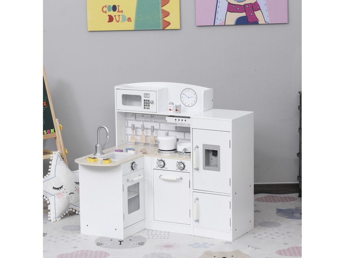 Cozinha Infantil de Madeira Mdf Pinho Branco 3+ Anos com Micro ondas, Pia e Forno, Muitos Acessórios e Compartimento de Armazenamento