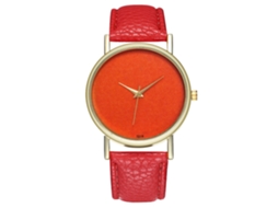 Relógio feminino casual de quartzo com mostrador laranja e pulseira de couro vermelha.