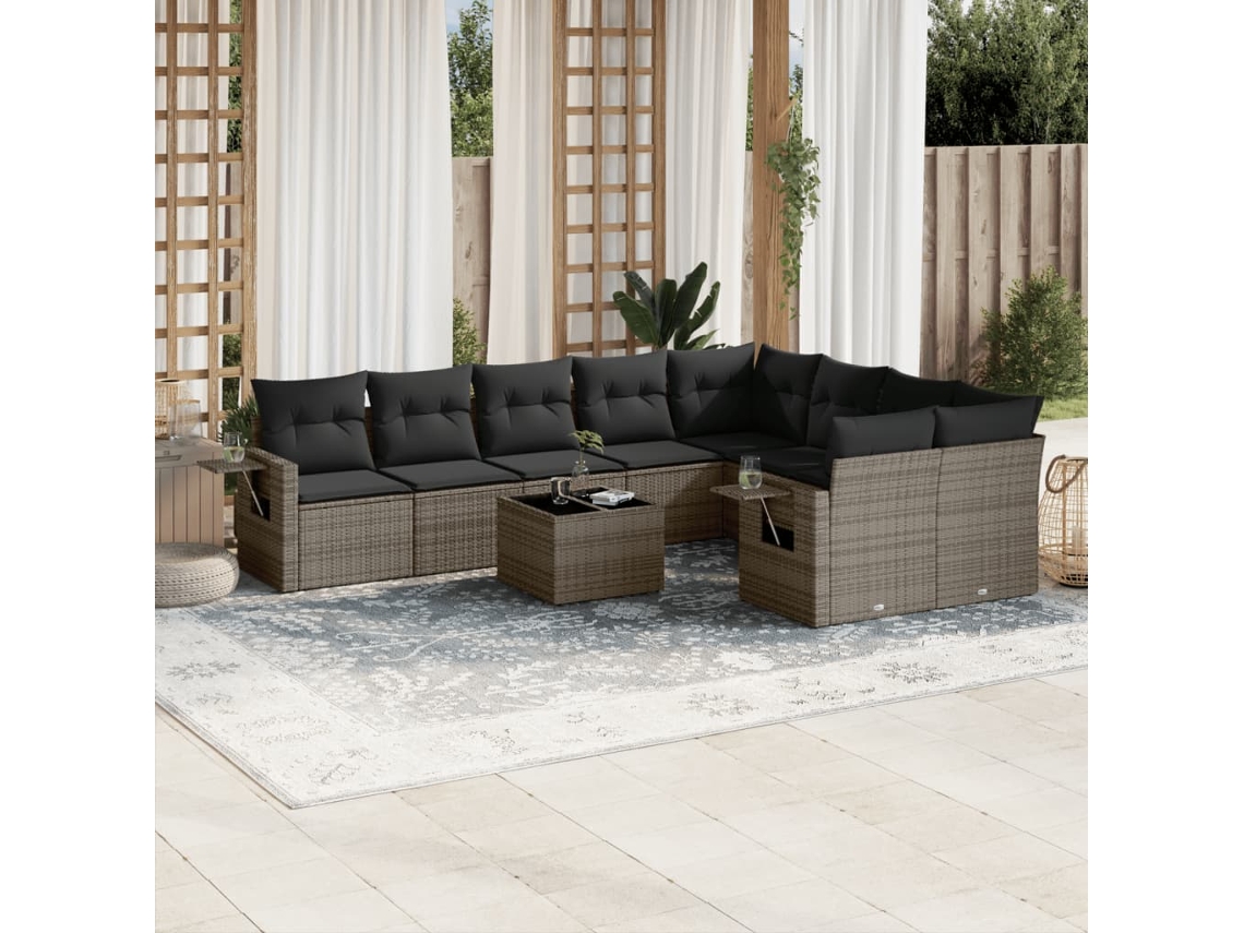 Vidaxl 10 Pcs Conjunto Sofás de Jardim C/ Almofadões Vime Pe Cinzento