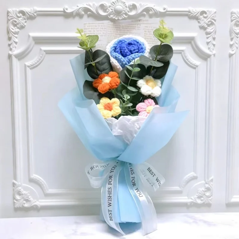 Buquê De Flores Artificiais De Crochê Com Acabamento Em Tricô, Presente Criativo