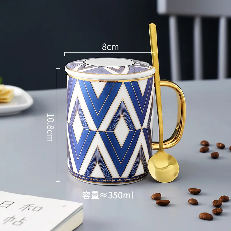 Caneca de Café de Cerâmica Criativa em Estilo Inglês com Borda Dourada e Tampa, Caneca para Chá de Escritório MDUG (estilo C 350ml)