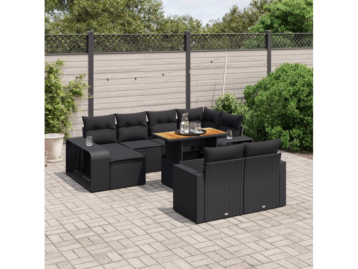11 Pcs Conjunto Sofás De Jardim C/ Almofadões Vime Pe Preto Dkd Home Decor