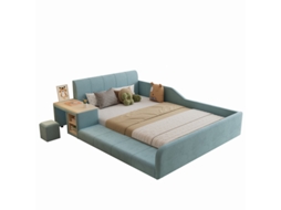 Cama Estofada de Solteiro com Escrivaninha e Banquinho Infantil, com Prateleira de Armazenamento, Cabeceira Macia, Veludo, Azul, 140x200cm DELCOND