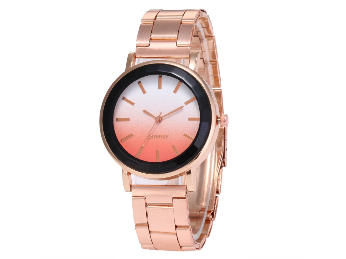 Relógio de quartzo unissex com pulseira de aço, mostrador redondo e degradê rosa-água.
