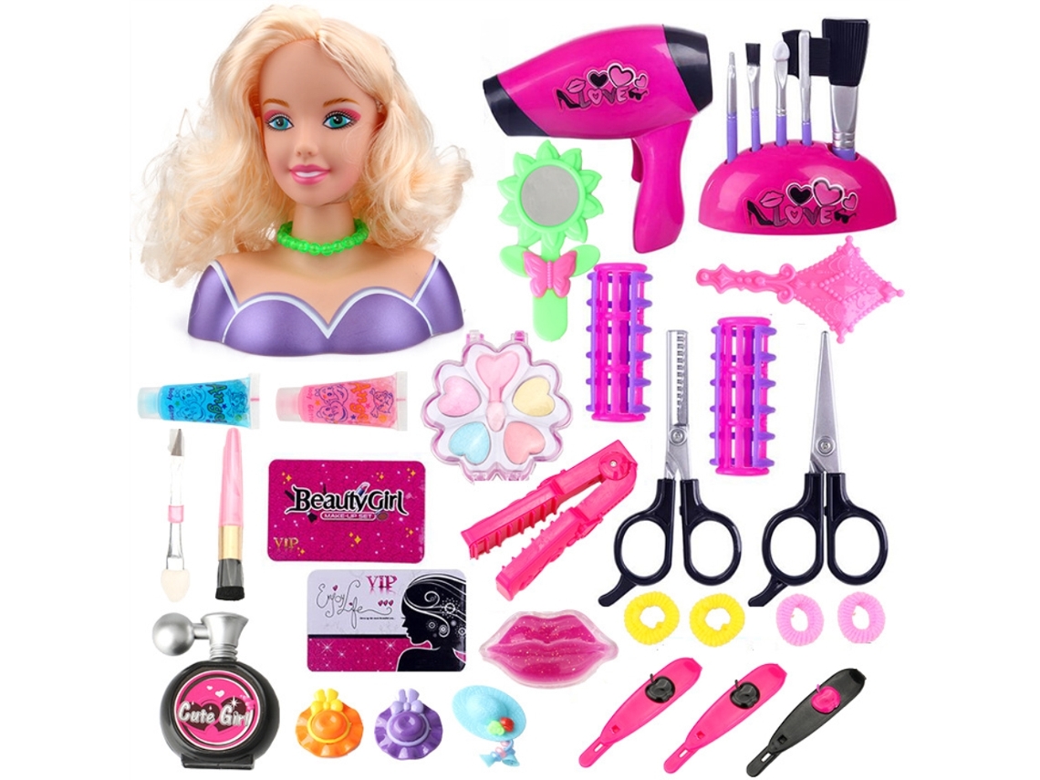 Primerox conjunto de Brincadeira de Maquilhagem Falsa com Boneca de Estilo Cabelo para Crianças Meninas