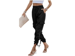 Calça jogger feminina Rebe de cintura alta em cetim, calça comprida casual e confortável com bolsos, tamanho grande, preta.