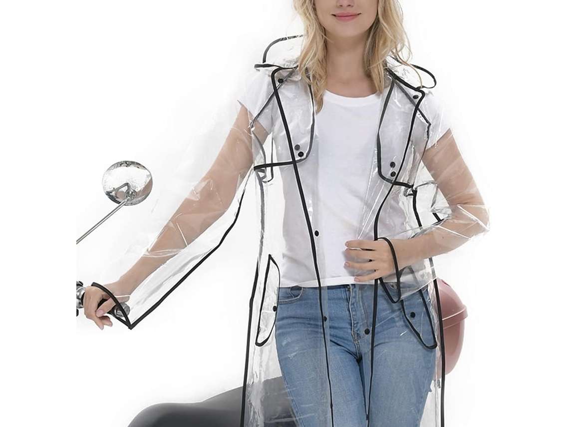 Casaco De Chuva Longo E Transparente Preto Feminino Com Capuz.