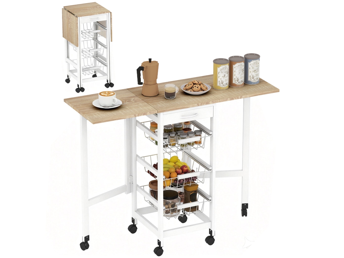 Carrinho Utilitário Dobrável, De Cozinha Com 6 Rodas, 1 Gaveta E 3 Cestos De Metal, 97,2 X 37 X 77,5 Cm, Branco E Carvalho.