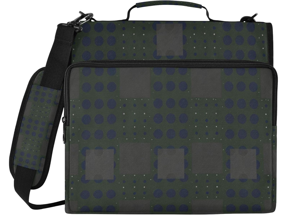 Pasta Dots Cor Escura com 3 argolas, fecho de zíper, alça de ombro removível e alça transversal, inclui bolsa com zíper e carteira.