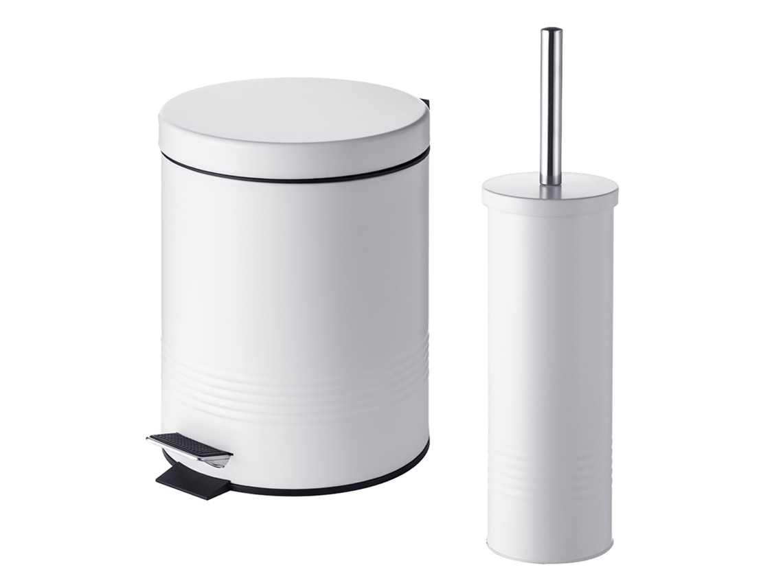 Relaxdays Conjunto Casa De Banho 2 Peças: Escova Wc Com Tampa, Balde 5 L Com Pedal E Fecho Suave, Metal, Branco
