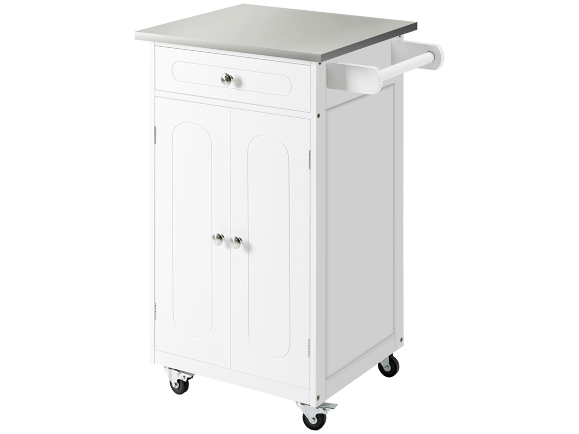 Carrinho De Cozinha Com Rodas, Multi-armazenamento, 1 Gaveta, 2 Portas, Suporte Para Toalhas, Mdf E Aço Inoxidável, Branco -pt