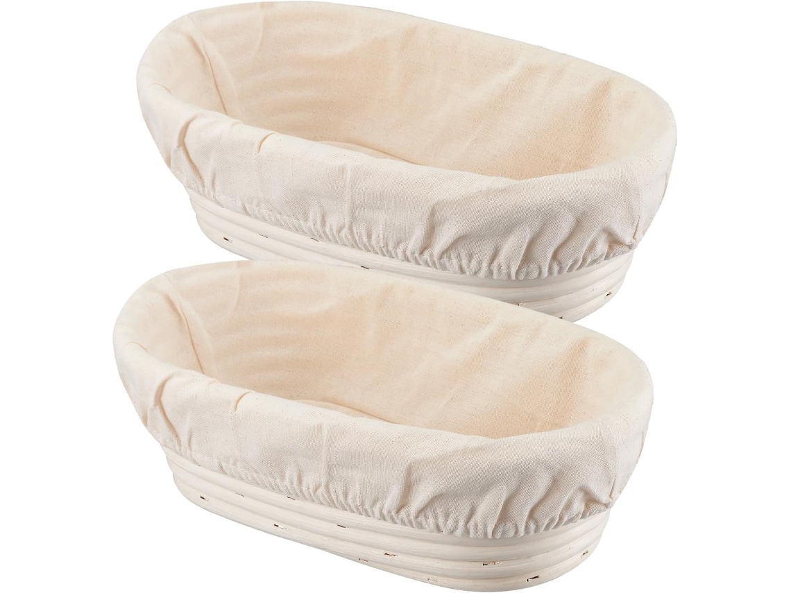 Conjunto De 2 Cestos Banneton Para Pão Artesanal, Em Linho E Rattan Natural, 25 Cm, Formato Oval, Com Forro De Linho